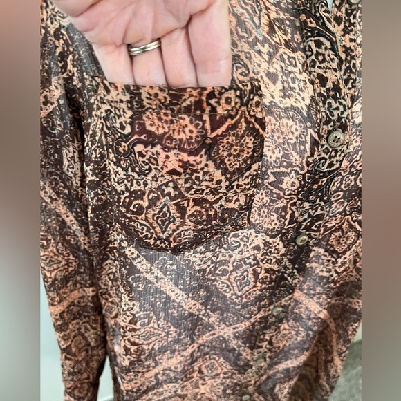 Democracy Boho Sheer Long Shirt Dress Button Front Medium Beautiful Fall Tones - Picture 4 of 5
